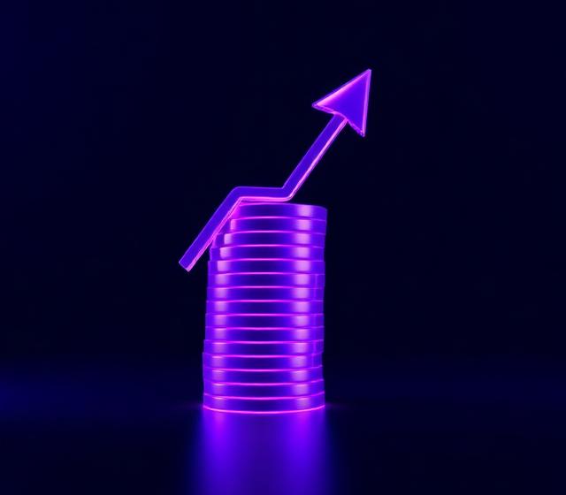 Stack of violet coins with a rising arrow representing revenue